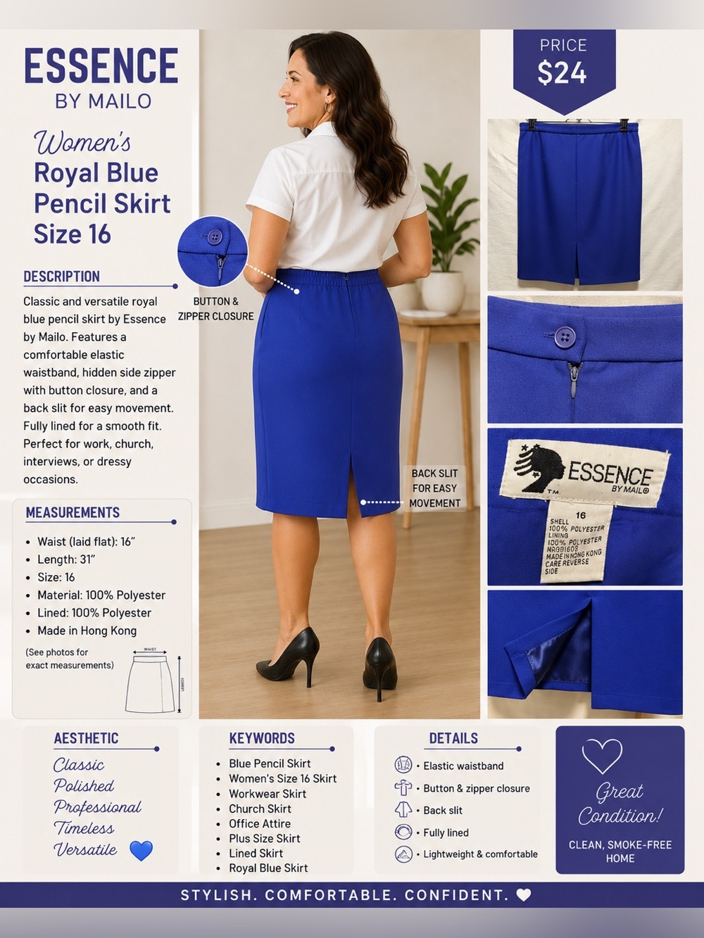 Sleek Cobalt Blue Pencil Skirt - Women's Tailored Fit - Picture 1 of 10